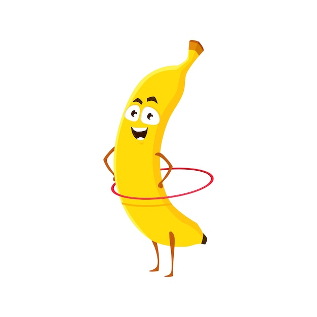 Cartoon banaan met hoepel fruit sportman vector pictogram grappig karakter doen sport oefeningen geïsoleerd op een witte achtergrond gezonde voeding sport levensstijl biologische voeding symbool