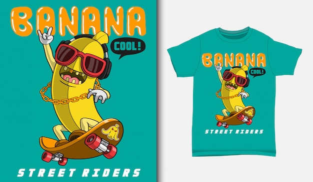 Pattinatore a banana del fumetto, con design t-shirt, disegnato a mano