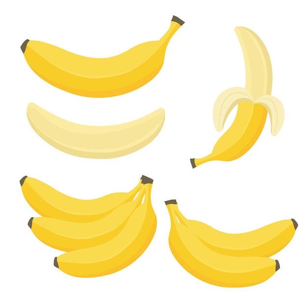 Banane cartoon sbucciare la banana isolata su sfondo bianco set di illustrazioni vettoriali per icone di banana