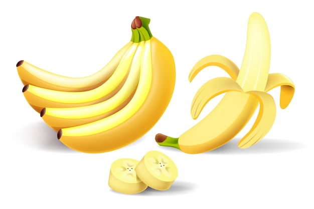 Cartoon bananas. Peel banana, yellow fruit and bunch of bananas.