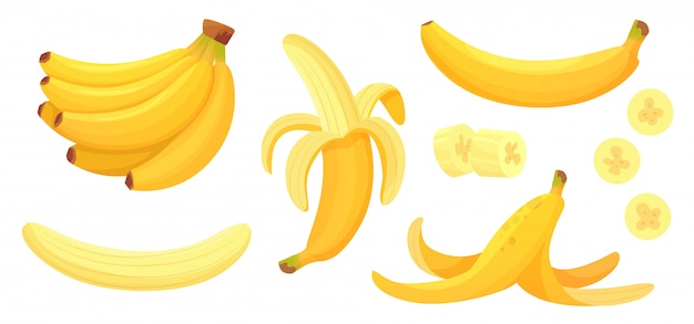 Cartoon bananen. schil banaan, geel fruit en tros bananen geïsoleerde illustratie set