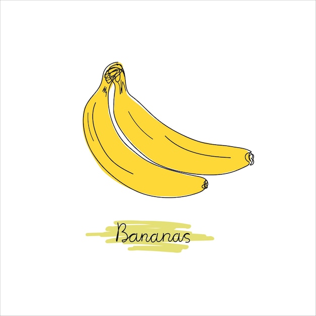 Cartoon bananen. Tekening. Geel fruit, een banaan, een tros bananen. Hand getekend. Tropisch fruit, bananensnack of vegetarische voeding. lijnen. Geïsoleerde vector illustratie pictogrammen instellen.