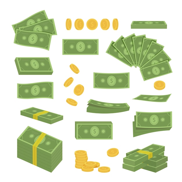 Cartoon bankbiljet cartoon plat minimalistische bank contant geld financiële economie bankbetalingsconcept groen dollar tekens vector cartoon items set