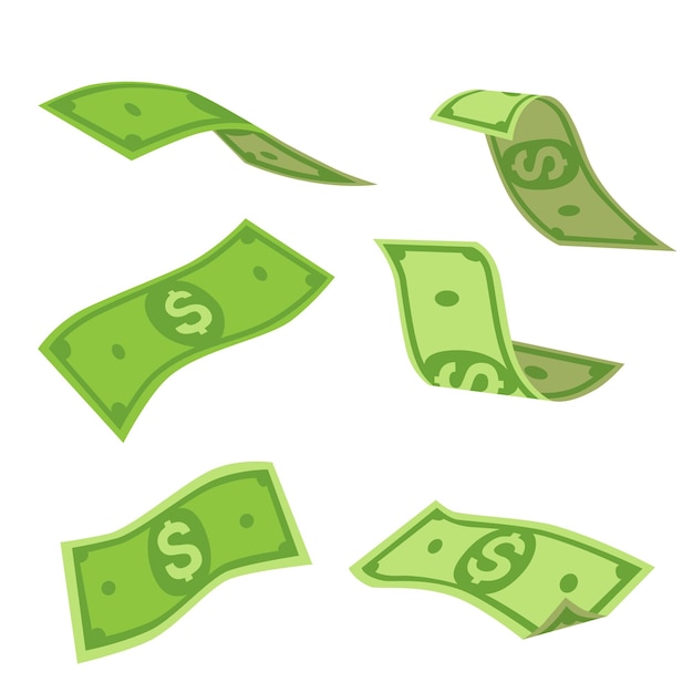 Cartoon banknotes and coins Green dollar bill packs bundles stacks and piles Flying banknote and falling gold coin Bank cash vector set Illustration stack pile of cash dollar money finance
