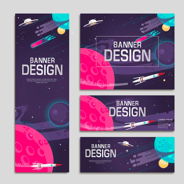 Cartoon banner template design set with outer space scenery