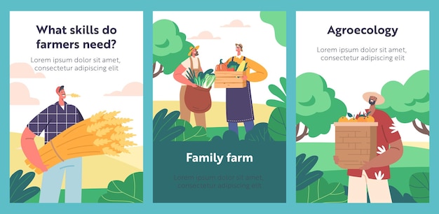 Cartoon banners met boeren tonen gewassen mannelijke en vrouwelijke rancher-personages met verse producten en levensonderhoud