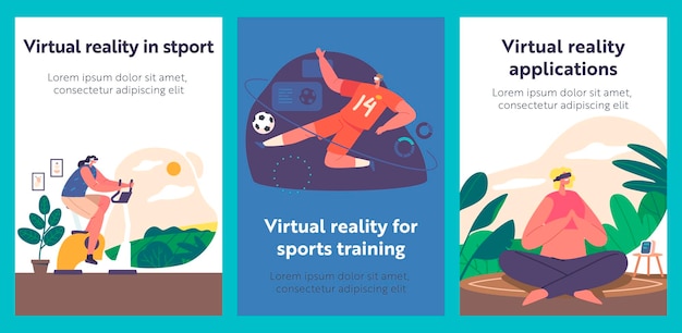 Cartoon banners met personages in vr-headset ondergedompeld in virtual reality sporttraining toekomst van gaming en fitness