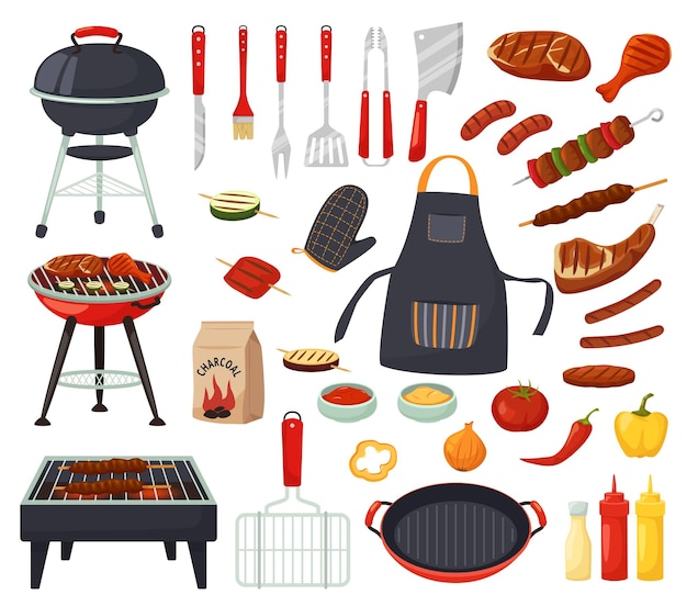 Vector cartoon barbecue equipment for picnic summer grill party elements cooking tools and utensils grilled meat steaks sausages and vegetables bottles with sauces isolated vector set