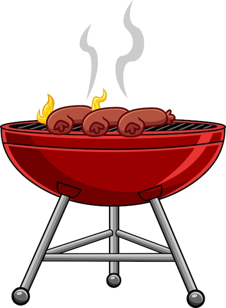 Cartoon barbecue with grilling sausages vector hand drawn illustration