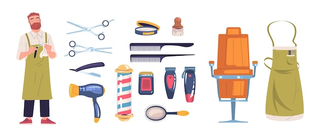 Cartoon barbershop accessories Barber profession equipment flat icons hairdresser professional instrument hair care tools scissors apron