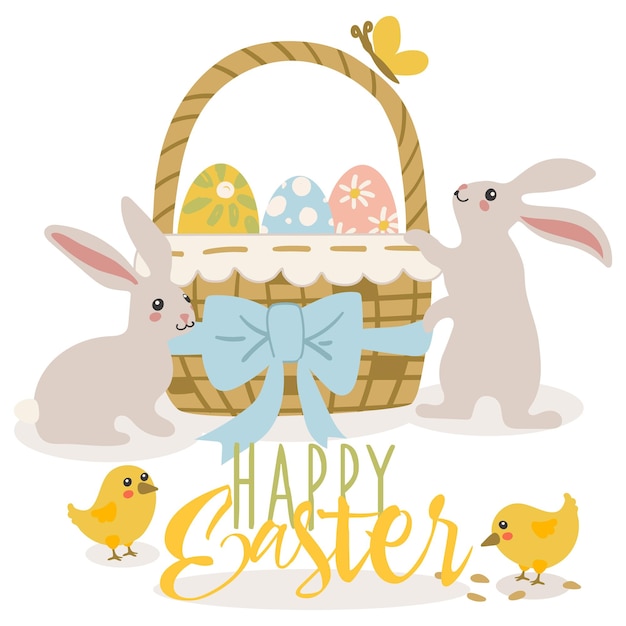 Cartoon basket with hares and colored eggs basket with eggs and rabbits an easter card