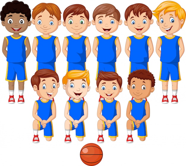 Squadra di bambini di pallacanestro del fumetto in uniforme