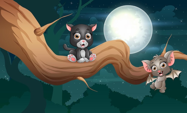 Cartoon a bat and black cat on tree at night