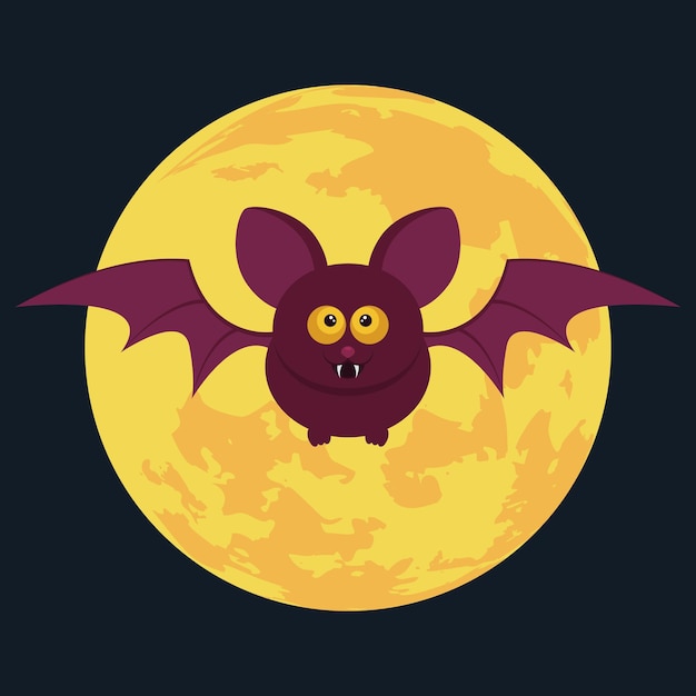 Cartoon bat and full moon. Halloween background. Vector illustration