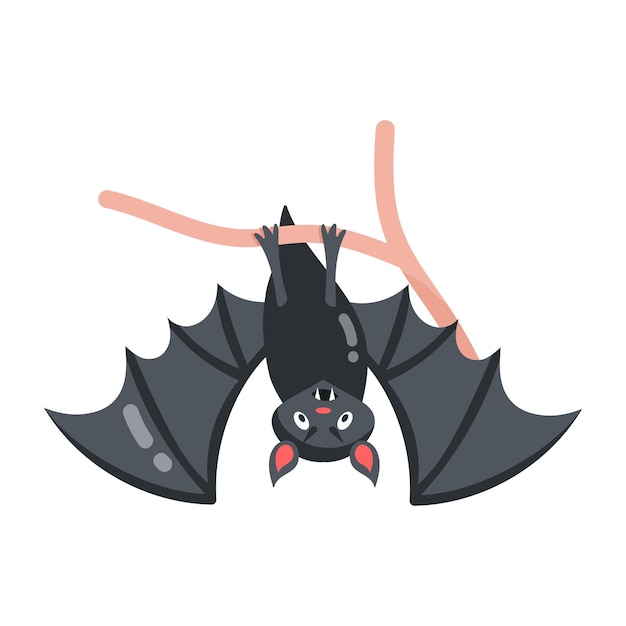 A cartoon bat hanging on a branch with a pink nose and a red nose.