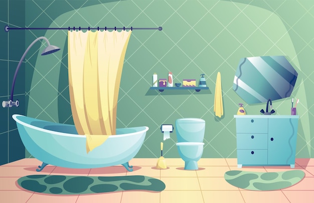 cartoon bathroom interior with tub and curtain toilet mirror and washbasin bath time in flat style