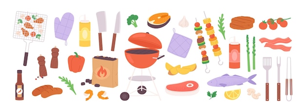 만화 BBQ 바베큐 요소 고립 된 여름 그릴 파티 도구 음식 및 장비 물고기 채소 및 소시지를 만납니다.