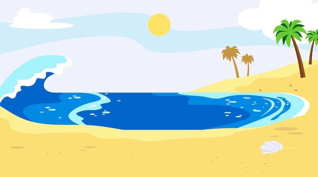 ヤシの木と漫画のビーチの背景ベクトル手描きフラットイラストデザイン