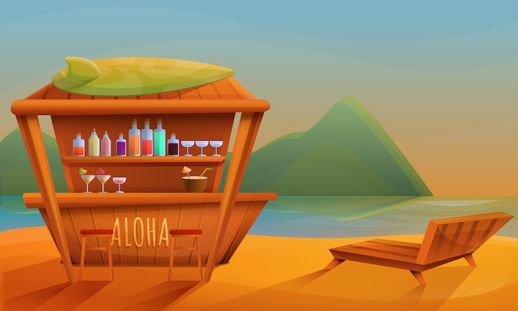 Vector cartoon beach bar at sunset, illustration