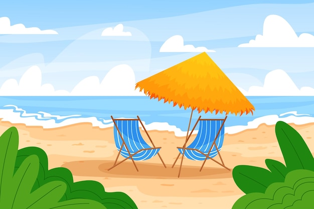 Cartoon beach landscape summer background with ocean shore beach umbrella and deck chairs vector illustration