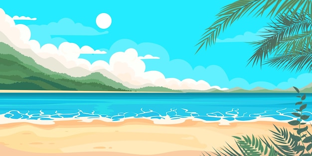 cartoon beach landscape with a view of an island with tropical plants
