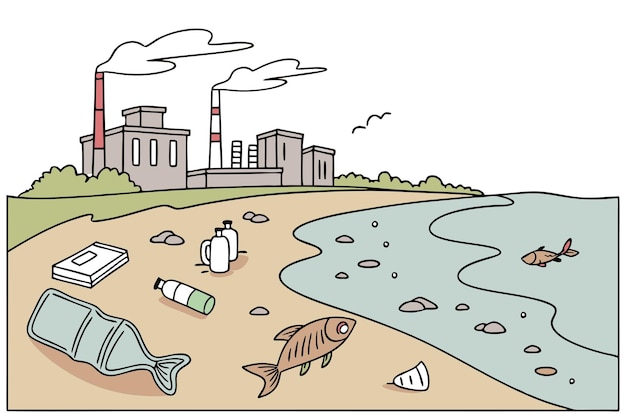 Vector a cartoon of a beach scene with a fish and seaweedwater pollution