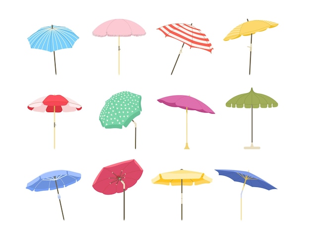 Cartoon beach umbrella Sun protective outdoor large parasols with stripes summer sunshade isolated vector illustration set