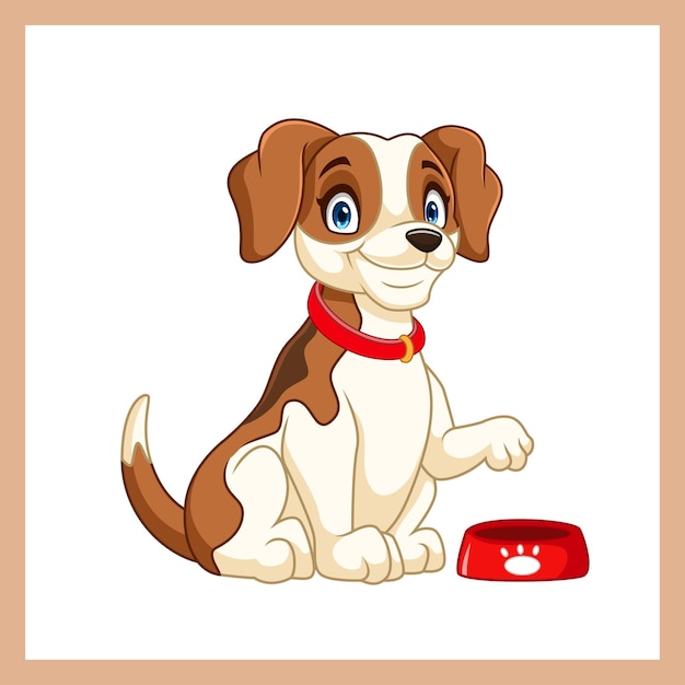 cartoon beagle hond die voedselcontainer toont omdat hij honger heeft