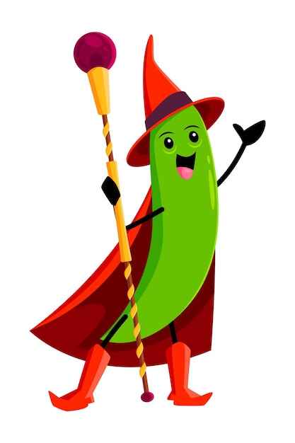 Cartoon bean or green pea pod wizard and sorcerer