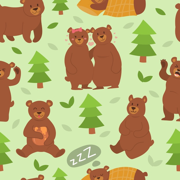 Cartoon bear character different pose vector seamless pattern