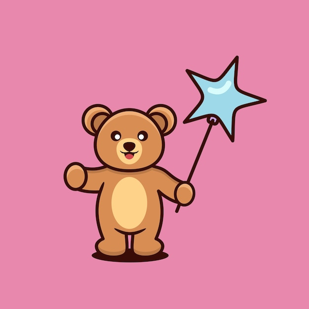 분홍색 배경의 별을 들고 있는 만화 곰.
