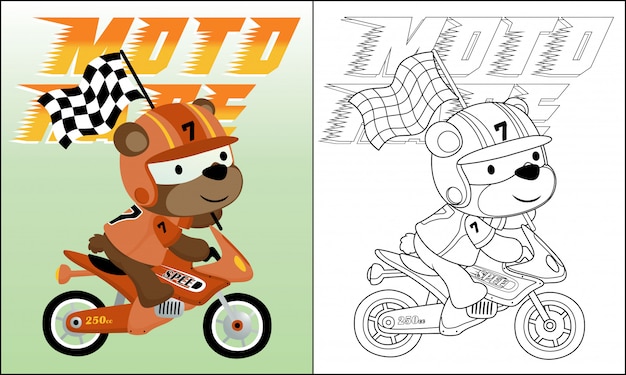 Cartoon of bear riding motorbike carrying finish flag