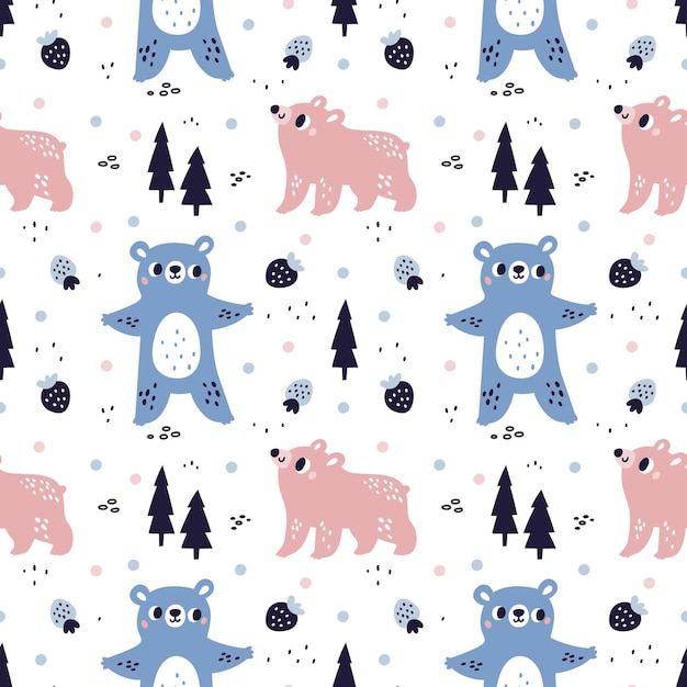 Vector cartoon bear seamless pattern cute color animals trees and forest berries scandinavian print design grizzly characters and woodland spruces wild mammals vector childish background