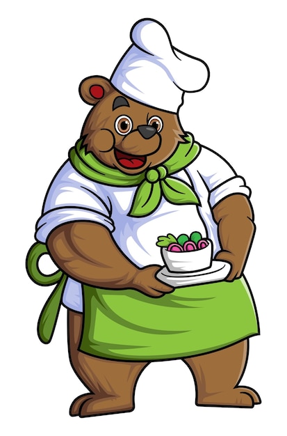 A cartoon bear wearing a chef39s outfit carrying a bowl of vegetables