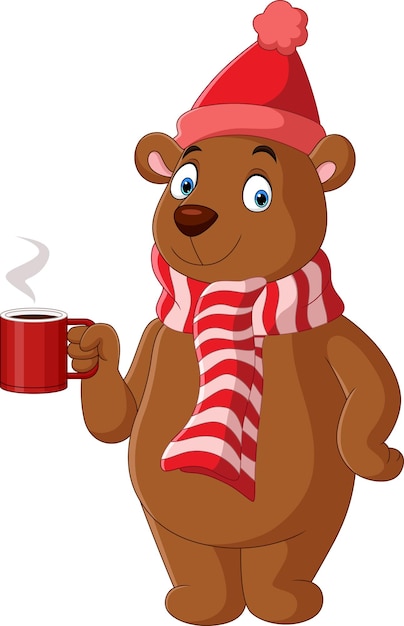 Cartoon bear wearing scarf and hat holding hot coffee