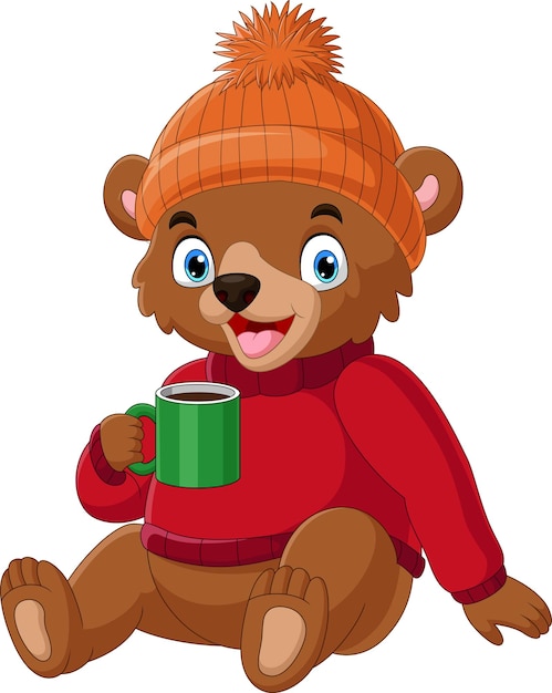 Orso del fumetto che indossa maglione e cappello che tiene caffè caldo