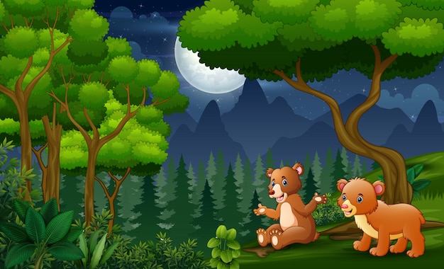 Cartoon a bear with her baby enjoying at night