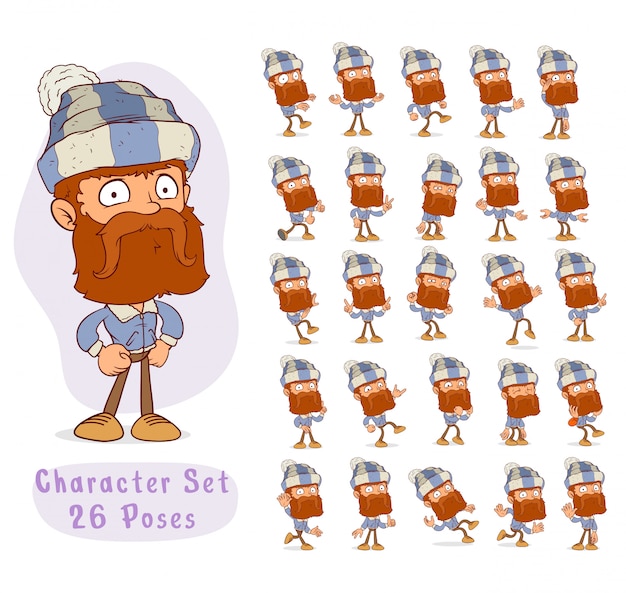 Vector cartoon bearded lumberjack big set for animation