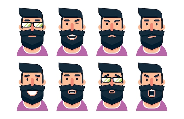 Cartoon bearded man character with various facial expressions