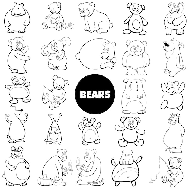 cartoon bears animal characters big set coloring book page