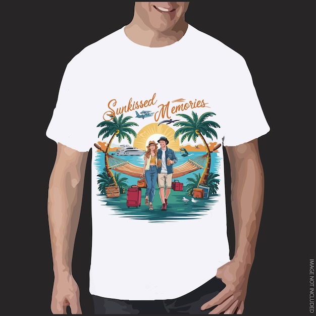Вектор Красивая пара мультфильмов гуляет по морскому пляжу с пальмами и яхтой в летнее время