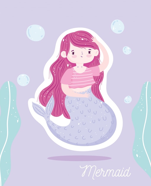 Cartoon beautiful little mermaid bubbles seaweed under the sea