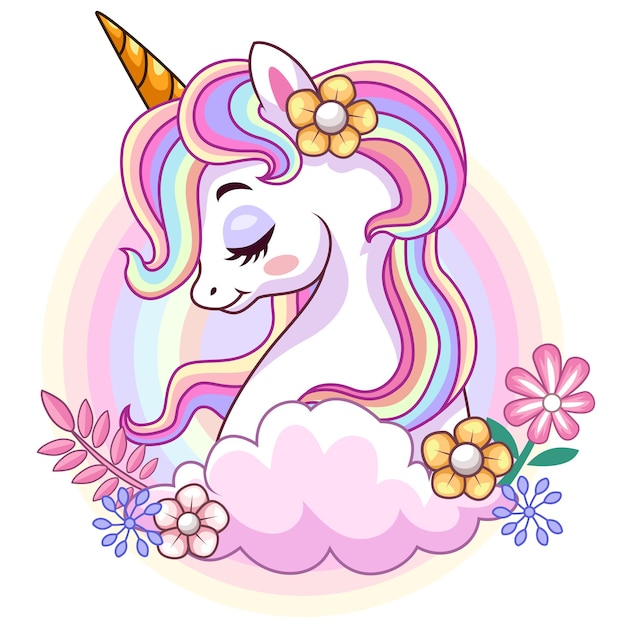 Vector cartoon beautiful unicorn head is on the cloud with beautiful flowers