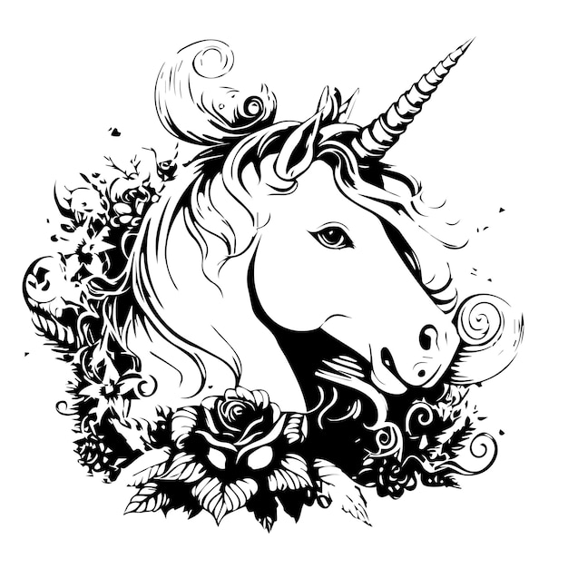 Vector cartoon beautiful unicorn head with beautiful flowers silhouette