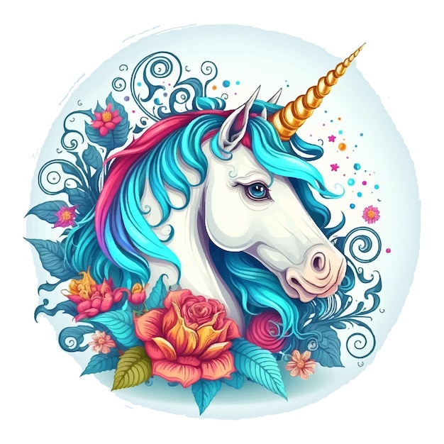 Cartoon beautiful unicorn head with beautiful flowers