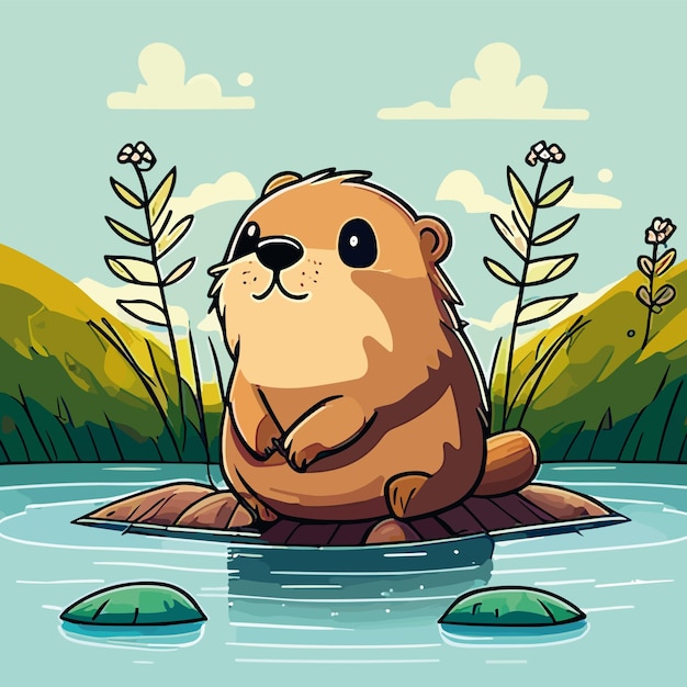 A cartoon beaver sits on a rock in a lake with plants and flowers