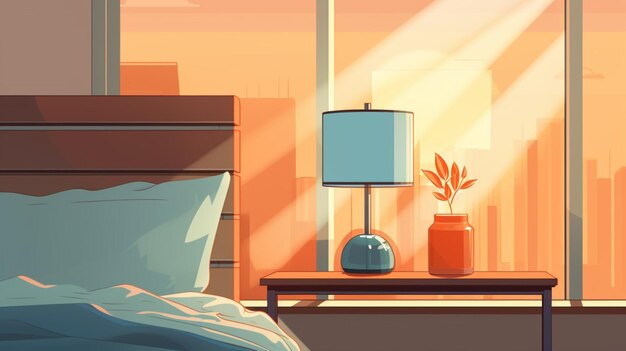 Vector a cartoon of a bedroom with a lamp and a lamp