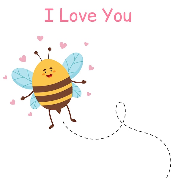 Cartoon bee flying on a dotted route.  Bee in love. Lovely bee character. Cute vector illustration.