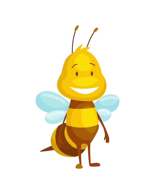 만화 꿀벌 곤충. 행복 한 비행 그림의 문자입니다. 아이들을위한 귀여운 벌꿀 수확기 캐릭터. 웃는 동물.