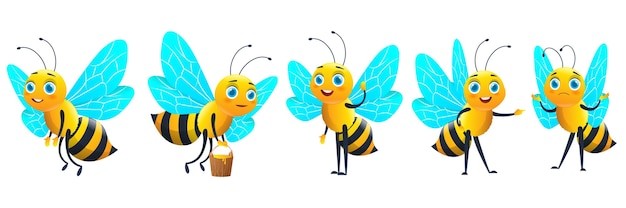 Cartoon bee met honing set, grappige gele honingbij